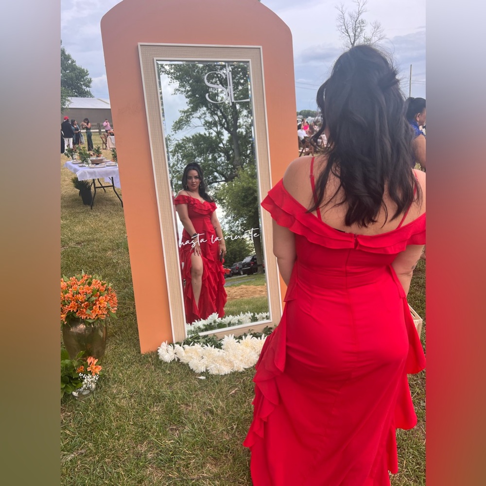 Red ruffle trim maxi dress